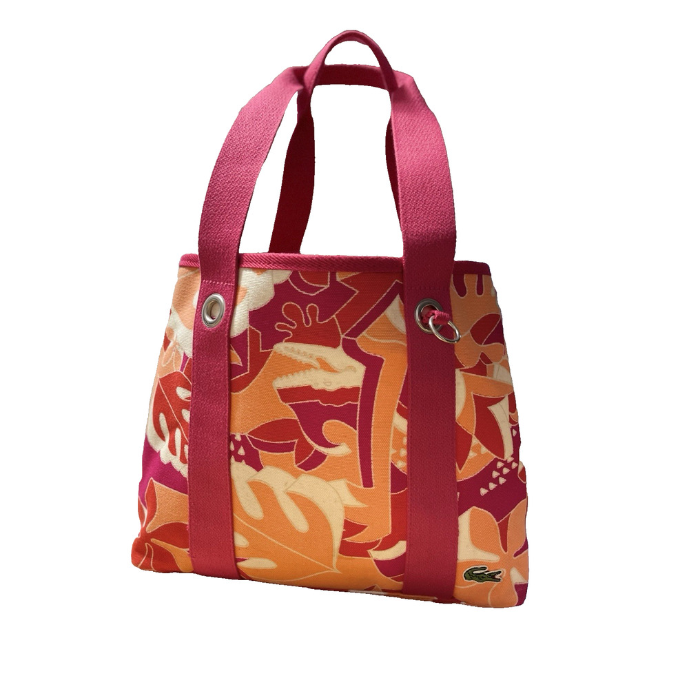 Lacoste Canvas Beach Tote Bag Tropical Pink Orange Shopper w/ Zip Pouch - Picture 9 of 14